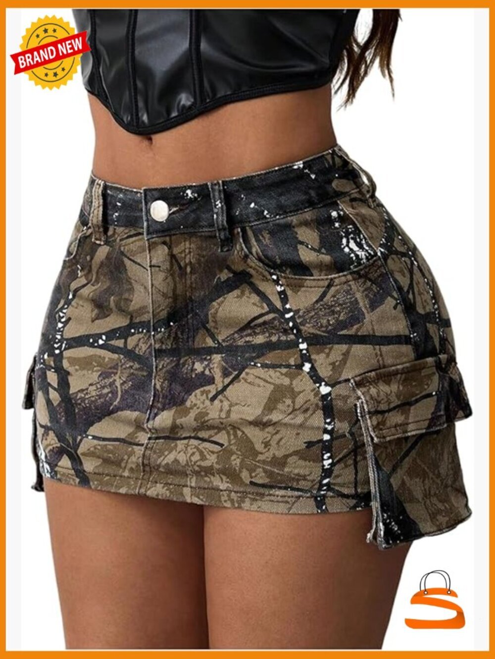 Y2k Camo Print Mini Cargo Skirt Bodycon Low Rise with Flap Pockets
